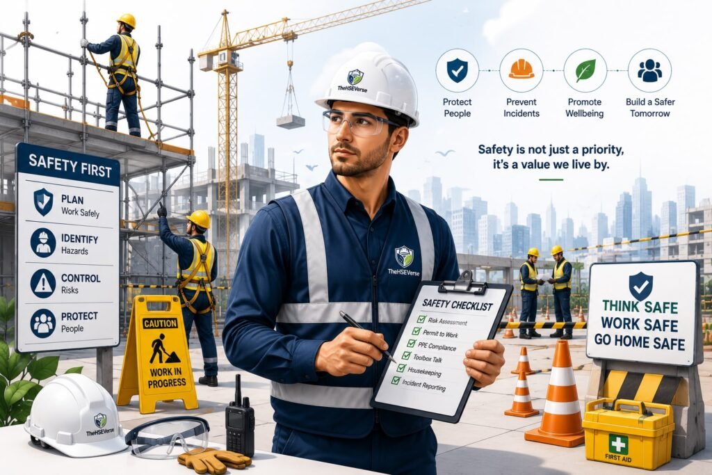 HSE professionals conducting a workplace safety inspection on a construction site.