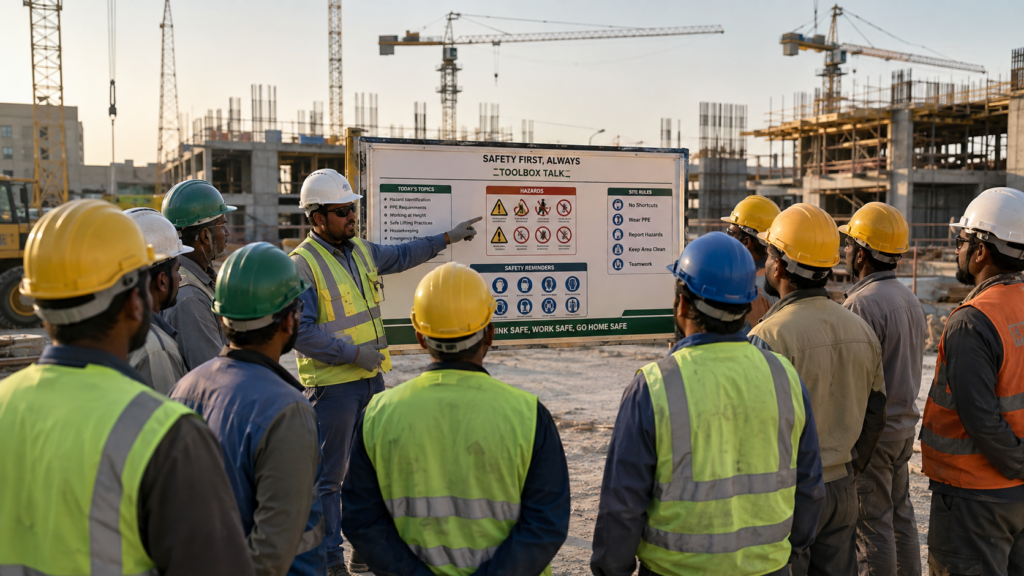 Toolbox talk safety meeting on site