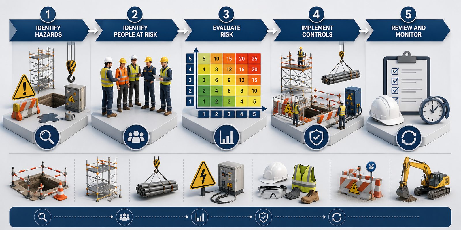 Construction risk assessment process showing hazard identification, risk evaluation, controls and review