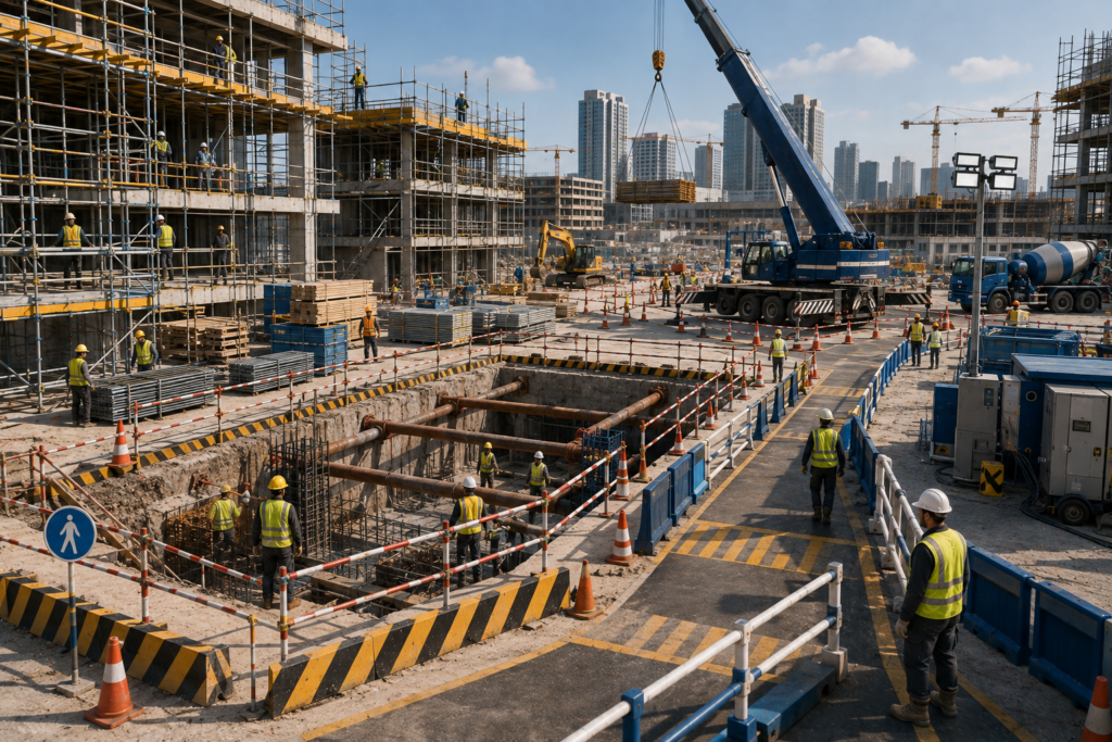 Construction site risk assessment showing workers, excavation, scaffolding, lifting and safety controls