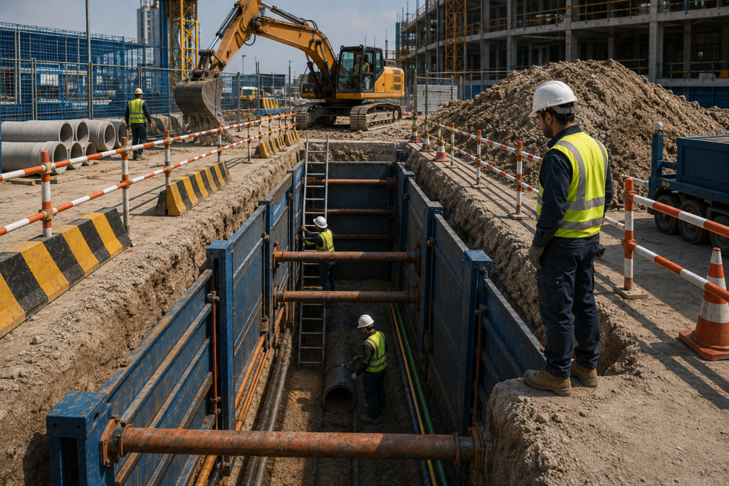 Excavation risk assessment showing a protected trench with safe access, barricading and excavation controls