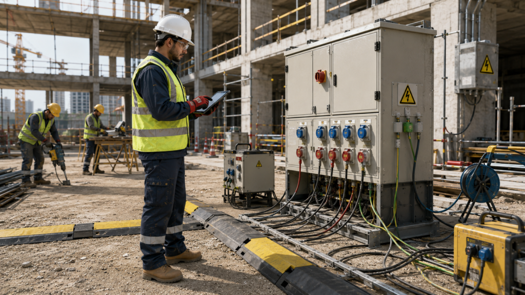 HSE inspector conducting an electrical safety inspection at a construction site