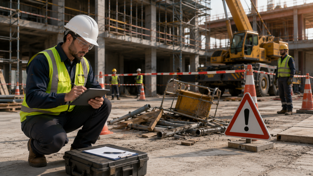 HSE professional documenting a workplace incident at a construction site