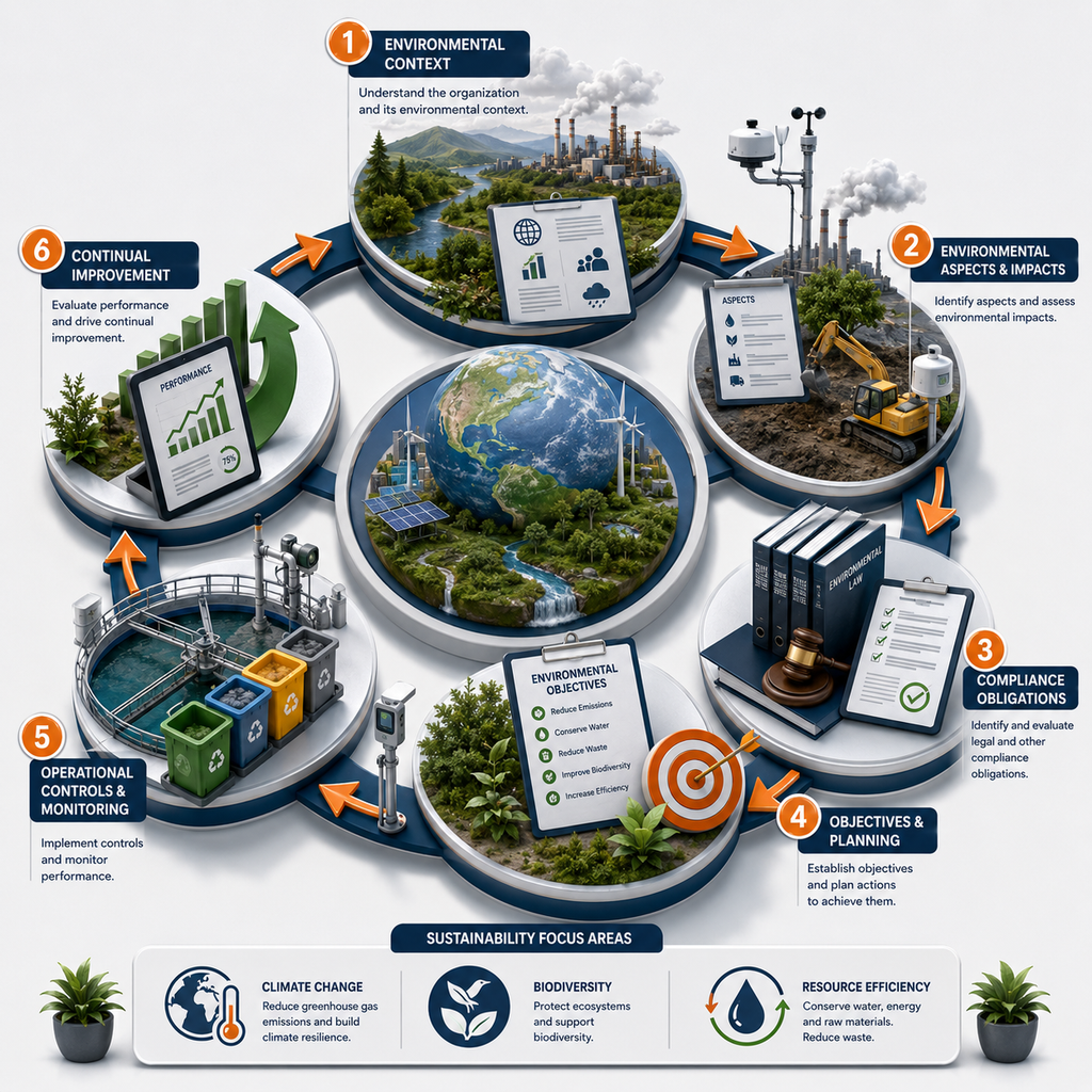 ISO 140012026 Environmental Management System Framework ISO 14001:2026 environmental management system framework infographic