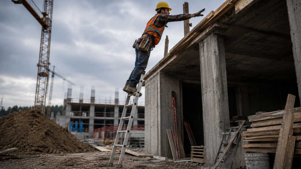Unsafe ladder use on construction site showing improper angle and lack of fall protection