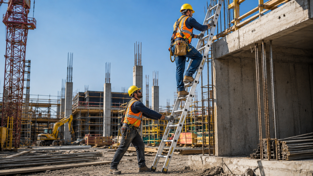 Worker using ladder safely on construction site with proper PPE and correct ladder angle