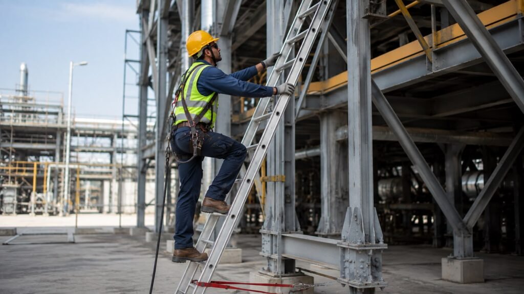 Proper ladder safety practices showing stable placement and worker maintaining three points of contact
