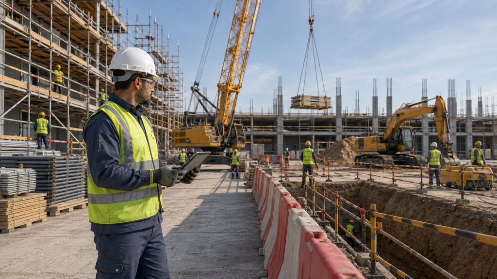 HSE inspector conducting a construction site safety inspection