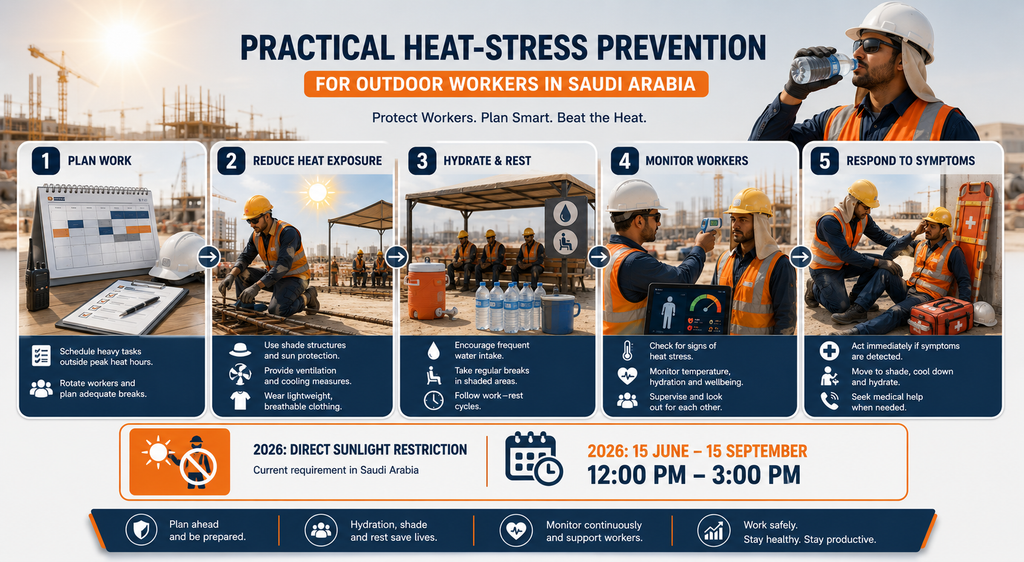 Saudi Heat Stress Prevention — Practical HSE Controls Saudi heat stress prevention controls hydration shade monitoring infographic