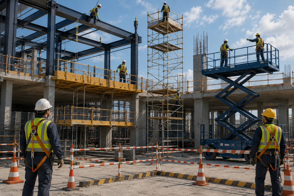 Working at height risk assessment showing construction workers using fall prevention and protection controls