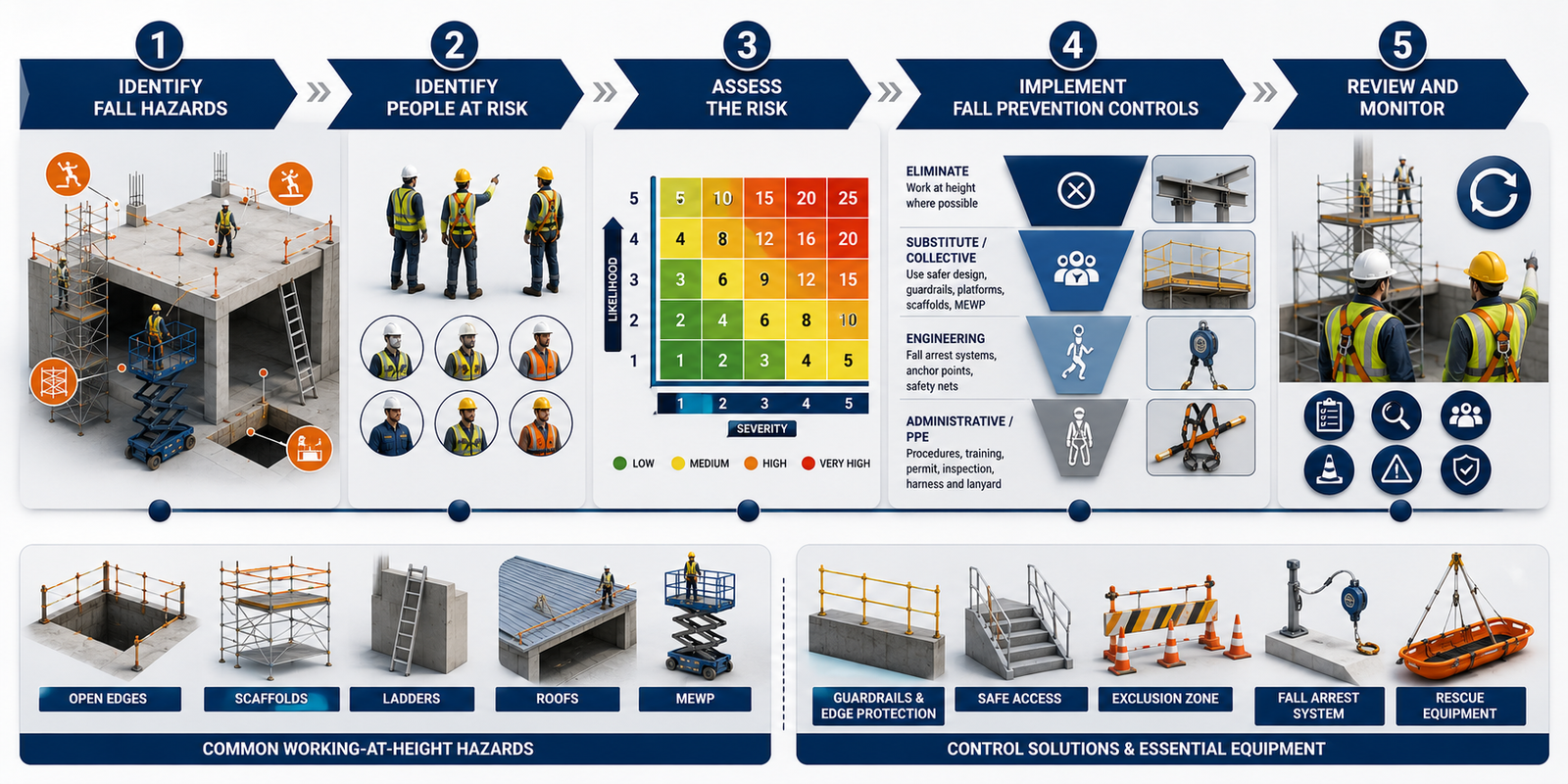 Working at Height Risk Assessment Process Working at height risk assessment process showing hazard identification, risk assessment, fall prevention controls and review