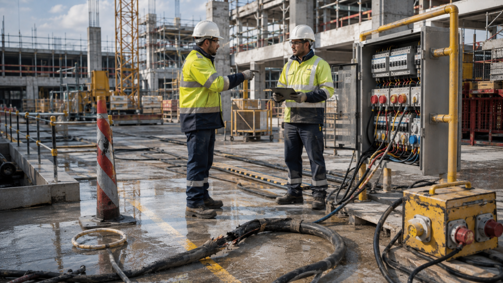 electrical-hazards-construction-site Electrical hazards including damaged cables and unsafe connections on a construction site