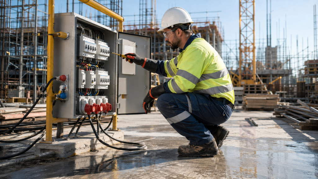 Worker practicing electrical safety on a construction site
