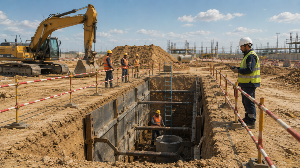 Workers safely performing excavation work with protected trench sides and safe access