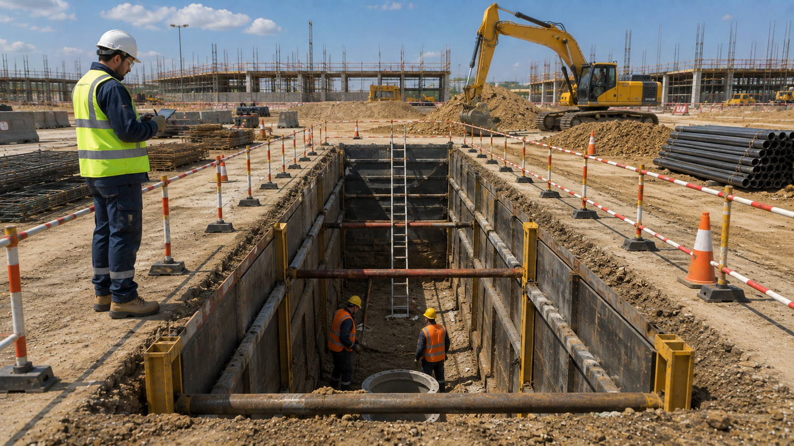 Excavation Safety: Protected excavation with barricades, safe access, and workers away from the excavation edge