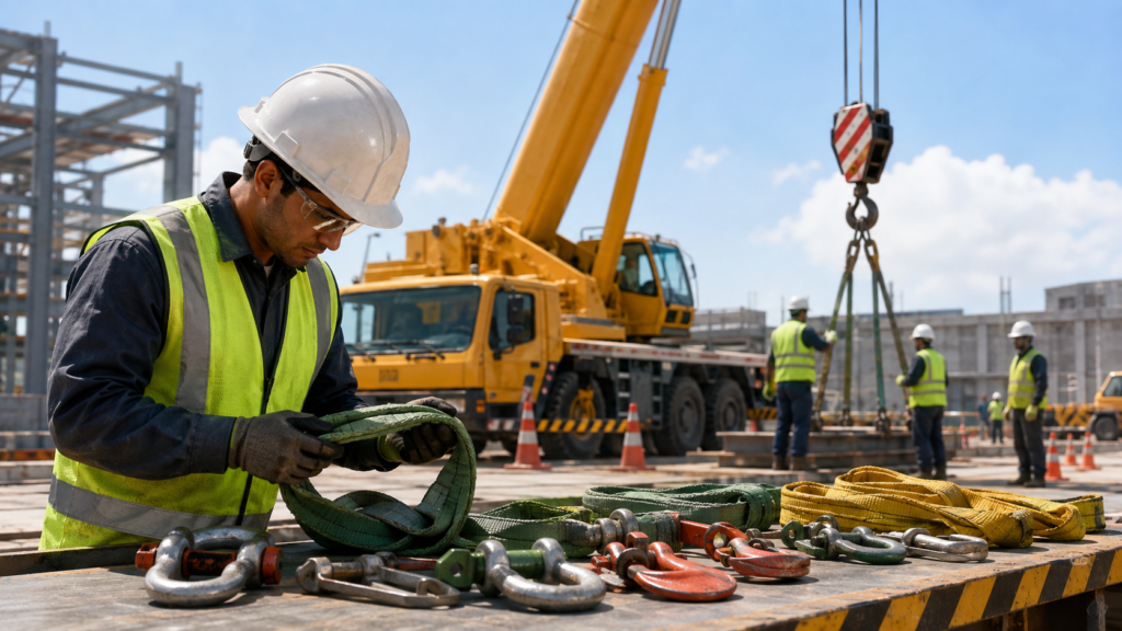 Lifting Equipment Pre-Use Inspection Competent worker inspecting lifting slings and shackles before a lifting operation
