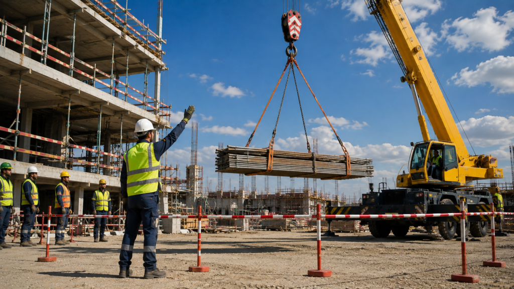 Lifting Operation Exclusion Zone Safety Workers maintaining a safe exclusion zone during a crane lifting operations safety