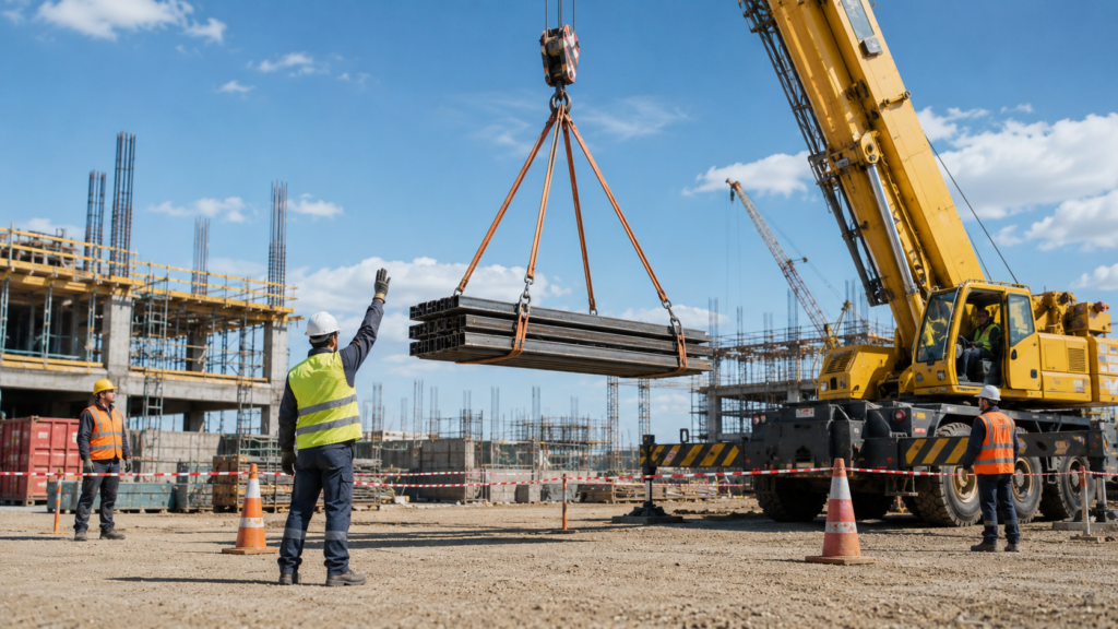 Safe lifting operation with crane, suspended load, and workers on a construction site