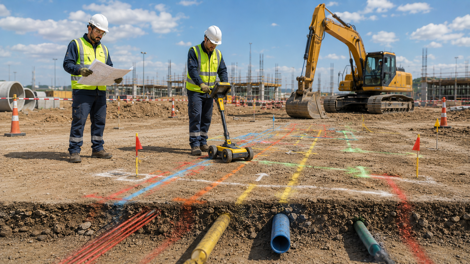 Worker identifying underground utilities before excavation work