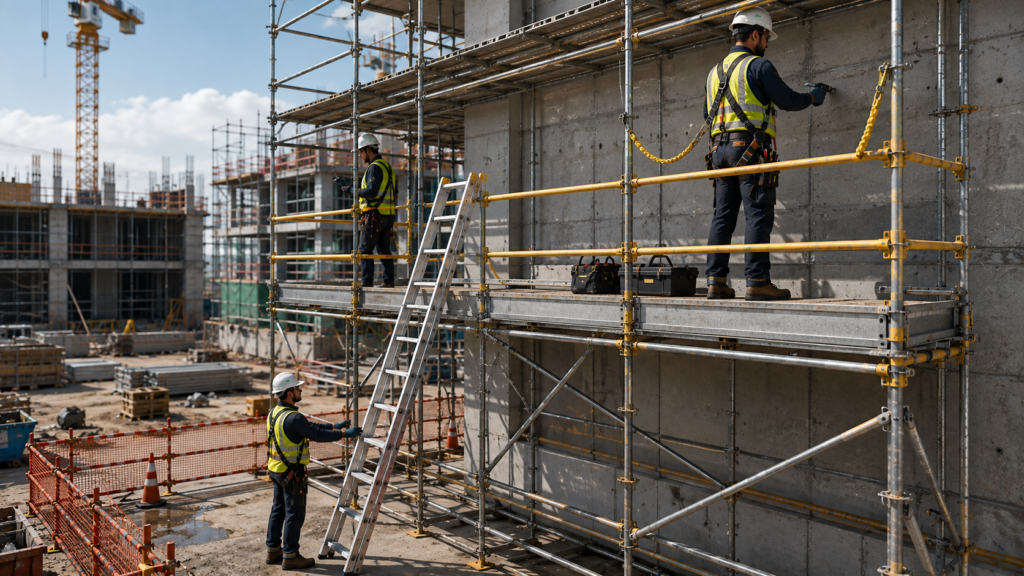 Construction workers using fall protection harnesses while working safely on scaffold at height